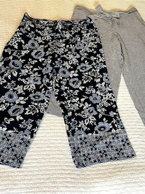 BUNDLE 2-LOFT Wide /Crop Leg Pants SzLG Blue/White Stripe And Blue Floral Damask